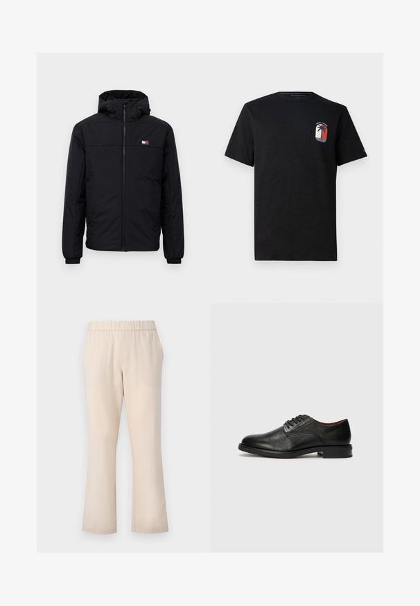 Sort hættejakke til vinter med frontlynlås, elastiske manchetter og lille rektangulært logo på venstre bryst.; Sort bomulds t-shirt med rund halsudskæring og kortærmer. Har et palmetrælogo i rød, hvid og blå på brystet.; Beige bukser med udflarede ben, elastisk talje, to frontlommer og en glat bomuldsstruktu. Ingen synlige mønstre eller hardware.; Tommy Hilfiger VOGUE LTH - Business sko - black