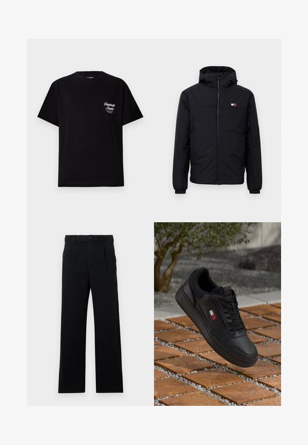 Svart hettejakke for vinteren med frontglidelås, elastiske mansjetter og en liten rektangulær logo på venstre bryst.; Svart t-skjorte med kort erme laget av bomull. Har en liten hvit logo på venstre brystområde. Rund halsdesign, vanlig passform.; Sorte skreddersydde bukser laget av bomull; har flat front, synlige sømmer, og rett benkutt. Knapplukking i midjen.; Sorte skinnesneaker med perforert tåhette og teksturerte detaljer. Har en liten logo i rødt, hvitt og blått på siden.