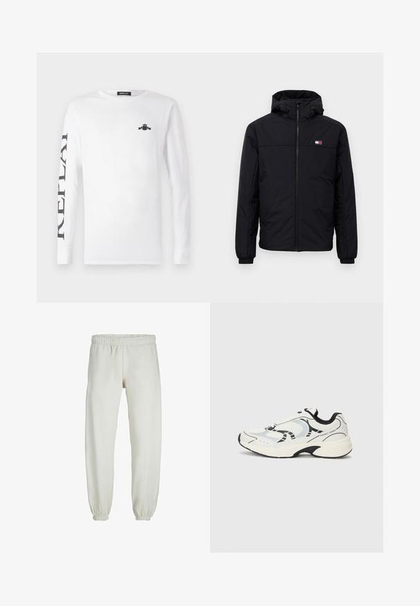 Black hooded winter jacket with front zipper, elastic cuffs, and small rectangular logo on the left chest.; White long-sleeve T-shirt made of cotton, featuring a black logo on the chest and "REPLAY" printed vertically down the left sleeve.; White sweatpants made from soft fabric, featuring an elastic waistband and cuffs, with a smooth texture and loose-fitting design.; White athletic sneakers with black accents, featuring a mesh upper, cushioned sole, and geometric design elements. Brand logo on side.