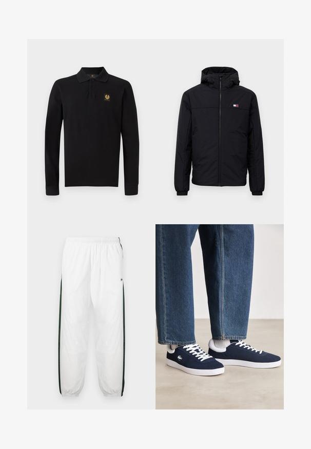 Must tume kapuutsiga talvejakk, millel on eesneede, elastsed mansetid ja väike ristkülikukujuline logo vasakul rinnal.; Must värviline pikade varrukatega polo särk, mis on valmistatud puuvillast. Omab klassikalist kraed, kolme nupukese paigutust ning kuldset embleemi vasakul rinnal.; Valged sportpüksid tumeroheline külgpanelitega. Kerge materjal, elastne vöökoht ja mansetid. Külgpanelitel on võrkmuster.; Sinised kangast spordijalatsid valgete paelte ja kummitaldadega, eksponeeritud teksatõmblustega pükste ja hallide soonikkudega sokkidega, heledal hallil pinnal.