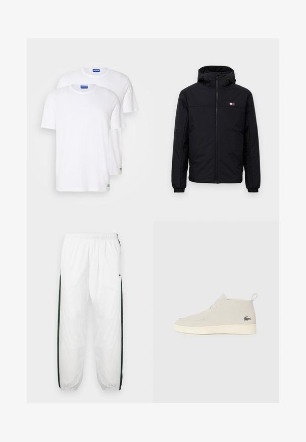 Black hooded winter jacket with front zipper, elastic cuffs, and small rectangular logo on the left chest.; Two plain white t-shirts made of cotton, featuring short sleeves and round necklines, with a blue logo tag near the hem.; White track pants with dark green side panels. Lightweight material, elastic waistband, and cuffed hems. Features mesh texture on side panels.; Light gray suede ankle boots with a round toe, white rubber sole, and subtle logo detail on the side. Features lace-up closure.