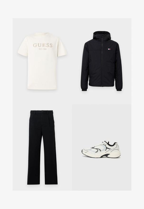 Must tume kapuutsiga talvejakk, millel on eesneede, elastsed mansetid ja väike ristkülikukujuline logo vasakul rinnal.; Valge lühikeste varrukitega T-särk, mis on valmistatud pehmest puuvillast, esiküljel on kergelt reljeefne "GUESS" ja "EST. 1981" helebeežina.; Mustad mustriga mustadest puuvillast püksid; omadused tasane eesosa, nähtavad õmblusjooned ja sirge lõige. Nööbiga sulgemine vööl.; Valged spordijalatsid mustade aksentidega, koos võrgust ülemise osaga, pehme tallaga ja geomeetriliste kujunduselementidega. Brändi logo küljel.
