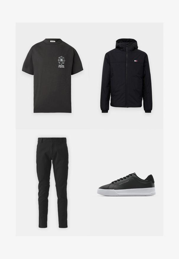 Must tume kapuutsiga talvejakk, millel on eesneede, elastsed mansetid ja väike ristkülikukujuline logo vasakul rinnal.; Must musta T-särk ümarate kaeluste ja lühikeste varrukatega. Vasakul rinnal on valge ämblikuvõrgu graafika. Lihtne ja casual kujundus.; Must kärgsest puuvillast püksid, kitsas sobivus, nupuga kinnitamine, vööde for täpid ja küljetaskud. Sile tekstuur, ei ole nähtavaid mustreid.; Must must nahkkingad valge kummitald, ringikujuliste paeladega, kaarjas disain ja väikese logo detailiga küljel.