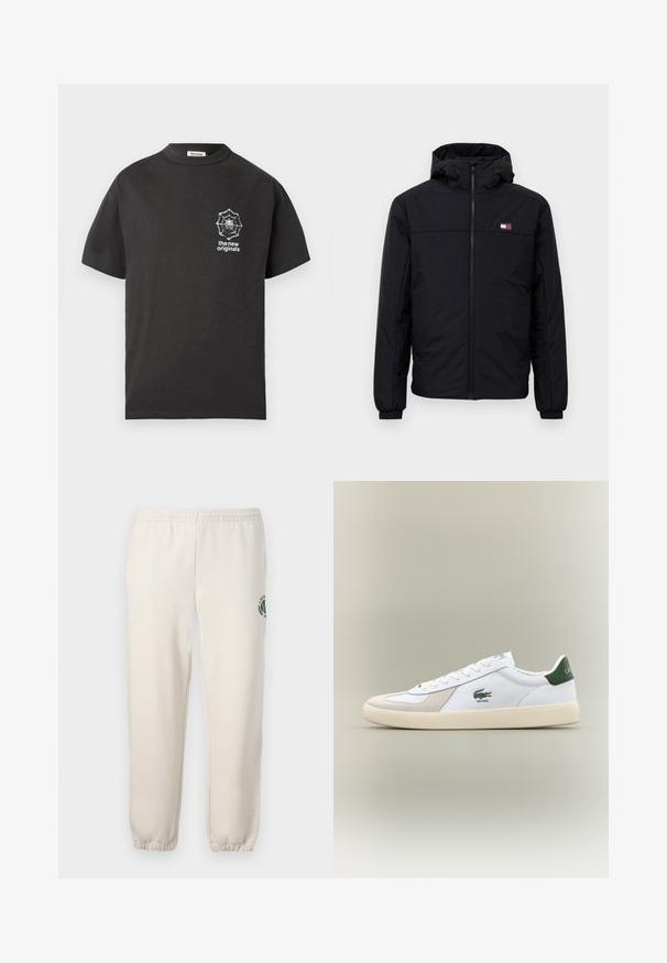 Casaco de inverno preto com capuz, fecho frontal, punhos elásticos e pequeno logotipo retangular no lado esquerdo do peito.; T-shirt de algodão preto com gola redonda e mangas curtas. Apresenta um gráfico de teia de aranha branca no lado esquerdo do peito. Design simples e casual.; Sweatpants beige claros feitos de algodão, com um cós elástico, punhos canelados e um logótipo verde com desenho de folha na perna esquerda.; Sapatilha branca com pormenores verdes, materiais em camurça e pele, bico arredondado, sola texturizada e logótipo bordado na lateral e na língua.