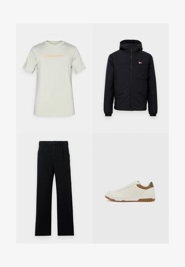 Svart huva vinterjacka med framdragkedja, elastiska ärmar och liten rektangulär logotyp på vänster bröst.; Ljusgrön t-skjorta med korta ärmar gjord av mjukt tyg har rund hals och en orange tryckt "Mizuno"-logotyp på framsidan.; Svarta skräddarsydda byxor gjorda av bomull; har en flat front, synliga sömmar och rak benform. Knapplåsning vid midjan.; Tommy Hilfiger BASKET CORE - Sneakers - ecru/army green