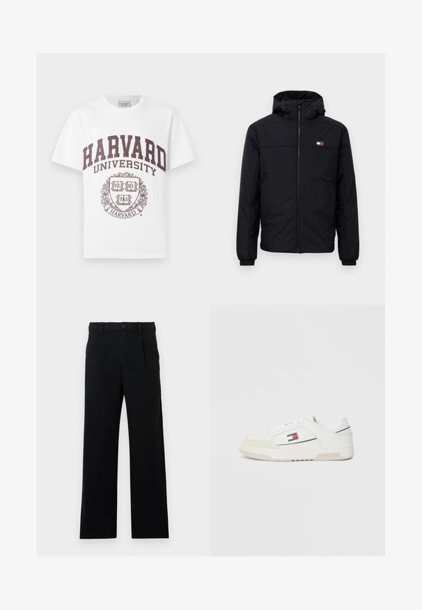 Black hooded winter jacket with front zipper, elastic cuffs, and small rectangular logo on the left chest.; White cotton t-shirt featuring maroon "HARVARD UNIVERSITY" text and a central emblem with the word "VERITAS" in a shield design.; Black tailored pants made from cotton; features a flat front, visible stitched seams, and a straight-leg cut. Button closure at waistband.; White sneakers with a smooth leather upper and suede toe cap, featuring a small red, white, and blue logo on the side and textured sole.