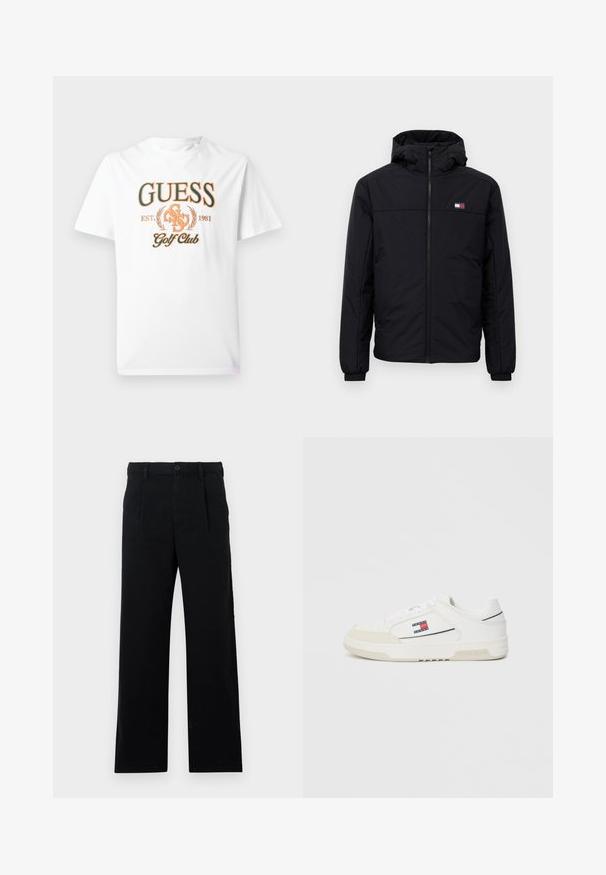 Jachetă de iarnă neagră cu glugă, cu fermoar frontal, manșete elastice și un mic logo rectangular pe pieptul stâng.; Tricou alb din bumbac cu un grafic portocaliu "GUESS Golf Club" însoțit de accente de lauri și anul înființării 1981. Design clasic cu guler rotund.; Pantaloni negri, croiți, din bumbac; au un front plat, cusături vizibile și un croi drept. Închidere cu nasture la talie.; Adidași albi cu o parte superioară din piele netedă și vârful din suede, prezentând un mic logo roșu, alb și albastru pe lateral și o talpă texturată.
