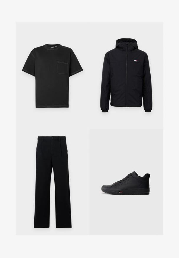 Zwarte winterjas met capuchon, voorzijde met rits, elastische boorden en klein rechthoekig logo op de linkerkant van de borst.; Zwarte T-shirt met korte mouwen van katoen, voorzien van een linkerborstzak, contrasterende witte stiksels en een ronde hals.; Zwarte op maat gemaakte broek van katoen; heeft een platte voorkant, zichtbare gestikte naden en een rechte pasvorm. Knoopsluiting bij de taille.; Zwarte hoge sneakers met een glad bovenwerk van synthetisch materiaal, een ronde neus, een platte zool en een klein rood-wit-blauw accent aan de zijkant.