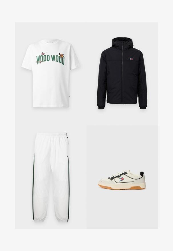 Must tume kapuutsiga talvejakk, millel on eesneede, elastsed mansetid ja väike ristkülikukujuline logo vasakul rinnal.; Valge puuvillane T-särk, millel on roheline tekst "WOOD WOOD" ja kaeluse piirkonnas värvilised liblikakujundused.; Valged sportpüksid tumeroheline külgpanelitega. Kerge materjal, elastne vöökoht ja mansetid. Külgpanelitel on võrkmuster.; Valged ja mustad tenisekingad, millel on perforeritud varvas, kummist tald ning külje peal punase, sinise ja valge triibuga logo silt.