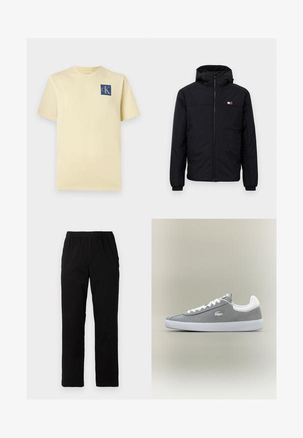 Melnas kapuces ziemas jaka ar priekšējo rāvējslēdzēju, elastīgām aprocēm un mazu taisnstūrveida logo kreisajā krūtīs.; Īsām piedurkņu dzeltena kokvilnas T-krekls ar zilu kvadrātveida logo ar "cK" kreisajā krūtī. Klasiska apaļā kakla dizains.; Melnas bikses no kokvilnas maisījuma auduma, ar taisnu griezumu, elastīgu jostasvietu ar pogu un bez redzamām rakstu vai akcentiem.; Pelēki zamšādas sporta apavi ar baltu gumijas zoli, ar auklām aizverami, un izšūtu logo sānos. Minimālisma dizains ar klasisku siluetu.