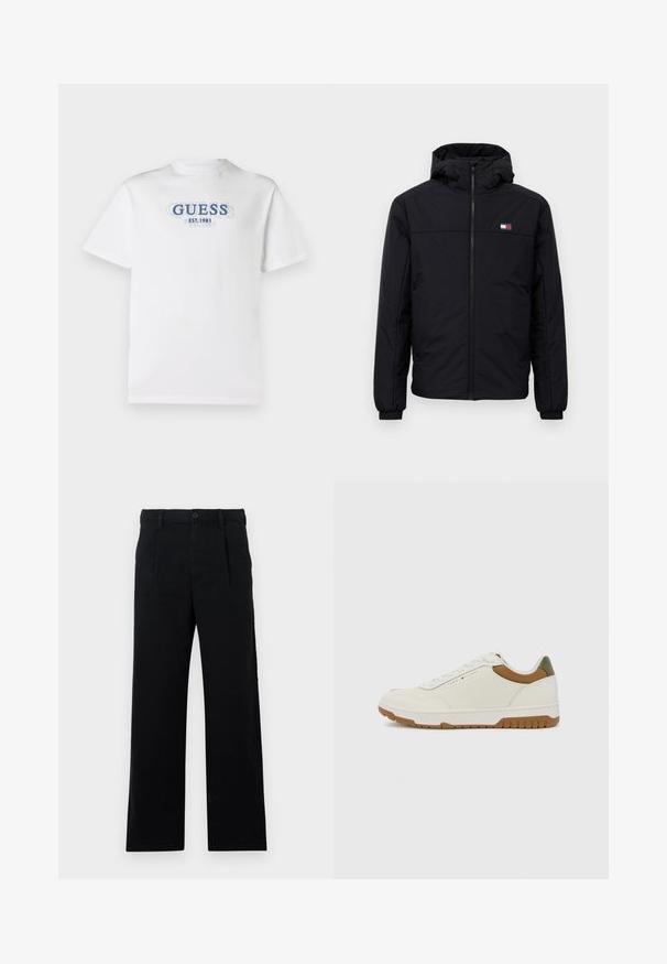 Zwarte winterjas met capuchon, voorzijde met rits, elastische boorden en klein rechthoekig logo op de linkerkant van de borst.; Witte t-shirt met korte mouwen en blauw gelaagd "GUESS EST. 1981" tekst in het midden van de borst.; Zwarte op maat gemaakte broek van katoen; heeft een platte voorkant, zichtbare gestikte naden en een rechte pasvorm. Knoopsluiting bij de taille.; Tommy Hilfiger BASKET CORE - Sneakers laag - ecru/army green