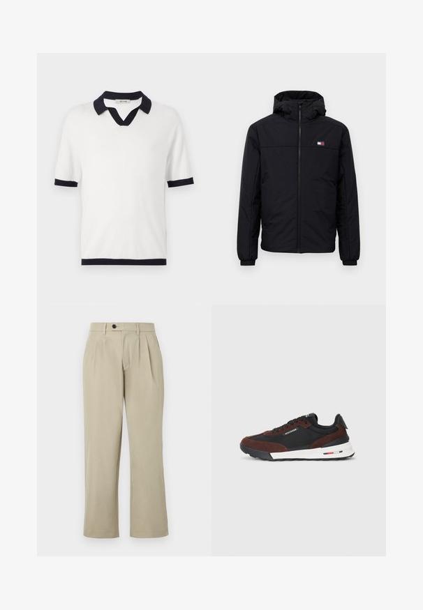 Melnas kapuces ziemas jaka ar priekšējo rāvējslēdzēju, elastīgām aprocēm un mazu taisnstūrveida logo kreisajā krūtīs.; Balts īsām piedurknēm polo krekls ar tumši zilu apkakli un aprocēm. Iezīmēts ar V veida kakla dizainu un mīkstu tekstūru. Zīmola etiķete redzama iekšpusē.; Kreemas bikses ar brīvu piegriezumu, kas aprīkotas ar krokām, pogu aizdari, sānu kabatām un taisnām kājām. Gluda auduma tekstūra.; Tommy Hilfiger RETRO RUNNER MIX - Treniņu apavi - black/cocoa