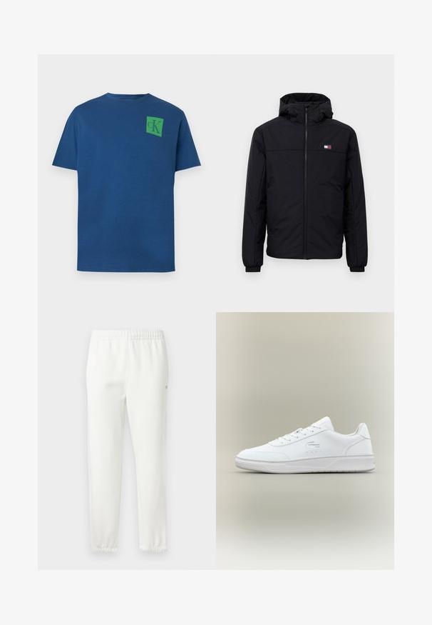Casaco de inverno preto com capuz, fecho frontal, punhos elásticos e pequeno logotipo retangular no lado esquerdo do peito.; T-shirt de algodão azul com decote redondo, mangas curtas e logótipo quadrado verde com o design "cK" no lado superior esquerdo do peito.; Calças de algodão brancas com cintura elástica e pernas ajustadas. Apresenta um pequeno detalhe de logótipo na lateral. Textura suave, design minimalista.; Sapatilha de couro branca com bico arredondado, design de atacadores e sola baixa. Apresenta detalhes perfurados e logótipo em relevo.
