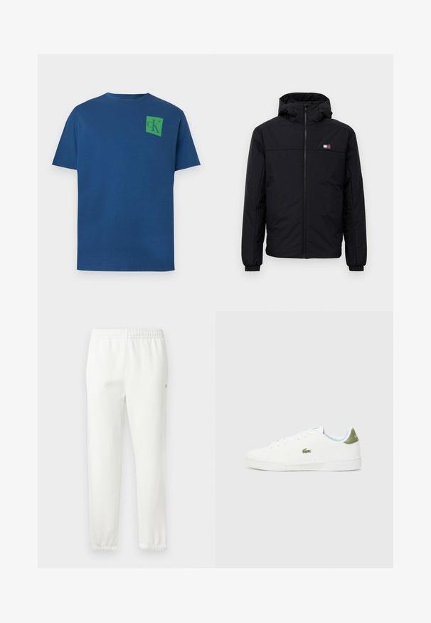 Črna zimska jakna s kapuco, sprednjim zadrgo, elastičnimi manšetami in majhnim pravokotnim logotipom na levem prsnem delu.; Modra bombažna majica s krožnim ovratnikom, kratkimi rokavi in zelenim kvadratnim logotipom, ki na zgornjem levem prsnem delu prikazuje zasnovo "cK".; Bele bombažne trenirke z elastiko v pasu in ožjimi hlačnicami. Imajo majhen logotip na strani. Mehka tekstura, minimalistična zasnova.; Bele tene čevlje z gladko teksturo, ki imajo zeleno poudarjanje na peti in majhen vezen kroko logo ob strani.