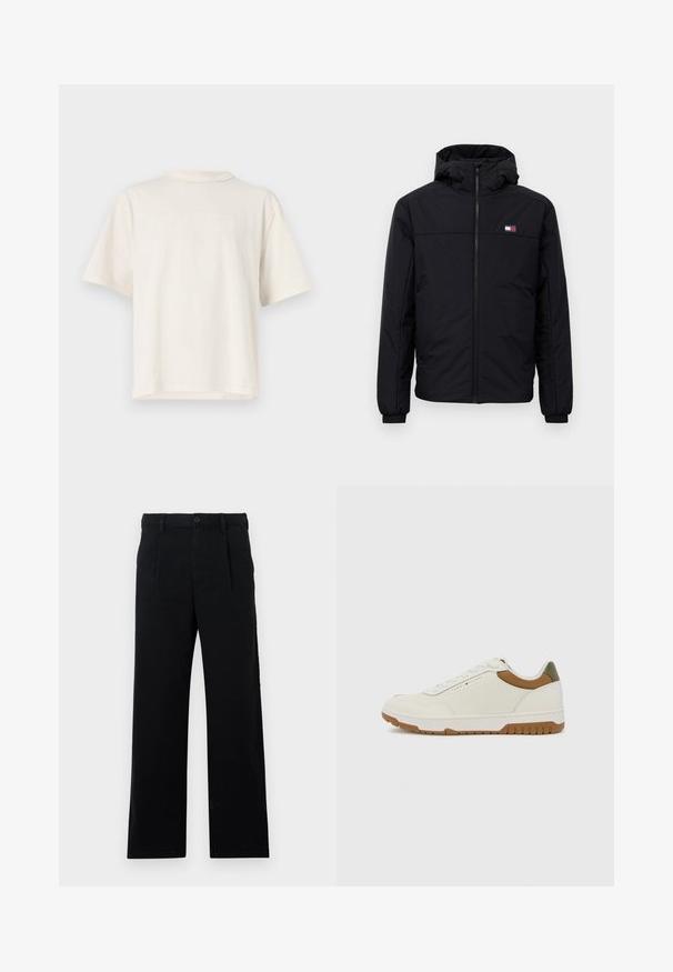 Svart hettejakke for vinteren med frontglidelås, elastiske mansjetter og en liten rektangulær logo på venstre bryst.; Kremfarget bomull t-skjorte med korte ermer, med en hevet logo "GUESS ORIGINALS" i midten. Rund hals, avslappet passform.; Sorte skreddersydde bukser laget av bomull; har flat front, synlige sømmer, og rett benkutt. Knapplukking i midjen.; Tommy Hilfiger BASKET CORE - Joggesko - ecru/army green
