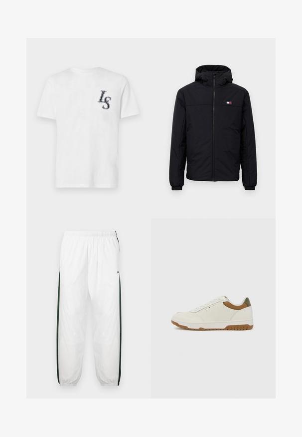 Zwarte winterjas met capuchon, voorzijde met rits, elastische boorden en klein rechthoekig logo op de linkerkant van de borst.; Witte katoenen t-shirt met korte mouwen, voorzien van een marineblauw "LS" logo op de linkerborst. Gladde textuur, klassiek ontwerp met ronde hals.; Witte trainingsbroek met donkergroene zijpanelen. Lichtgewicht materiaal, elastische tailleband en boordjes aan de onderkant. Heeft een meshstructuur op de zijpanelen.; Tommy Hilfiger BASKET CORE - Sneakers laag - ecru/army green