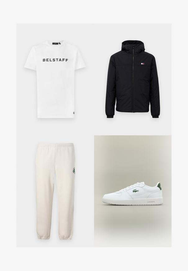 Juodas žiemos švarkas su gobtuvu, su priekiniais užtrauktukais, elastingais rankogaliais ir mažuoju stačiakampiu logotipu kairėje krūtinės pusėje.; Baltas medvilninis marškinėliai su juodu "BELSTAFF" logotipu priekyje. Klasikinis apvalus kaklas ir trumpi rankovės su mažo logotipo detale ant apvado.; Šviesiai smėlinės spalvos medvilninės kelnės, su elastinga juosta, raukšlėtomis rankovėmis ir žalia logotipo su lapo dizainu kairiajame šone.; Balti odiniai sportbačiai su lygiu paviršiumi, žaliais akcentais ant kulno ir žalia logotipu šone. Siūlo plokščią pado struktūrą ir apvalią nosį.