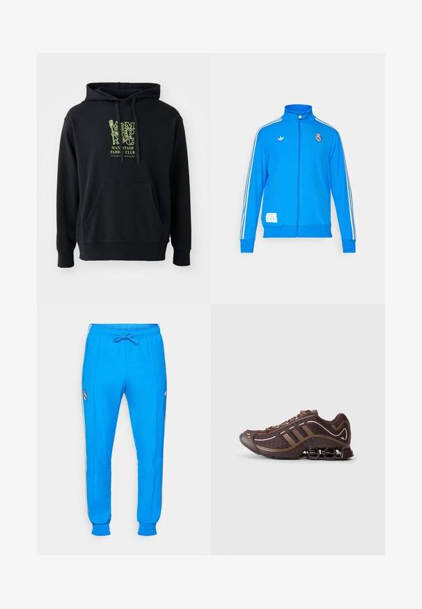 adidas Originals REAL MADRID ICON TRACK TOP - Squadra - bluebird/white; Felpa nera con cappuccio in misto cotone, dotata di tasca frontale, coulisse e un evidente grafiche verde sul petto con la scritta "MAN STASH PADDLE CLUB."; adidas Originals REAL MADRID ICON TRACK PANT - Squadra - bluebird/white; Scarpa sportiva marrone con parte superiore in mesh e materiale sintetico, caratterizzata da tre strisce, cuciture dettagliate, suola imbottita e tipico tallone elastico.