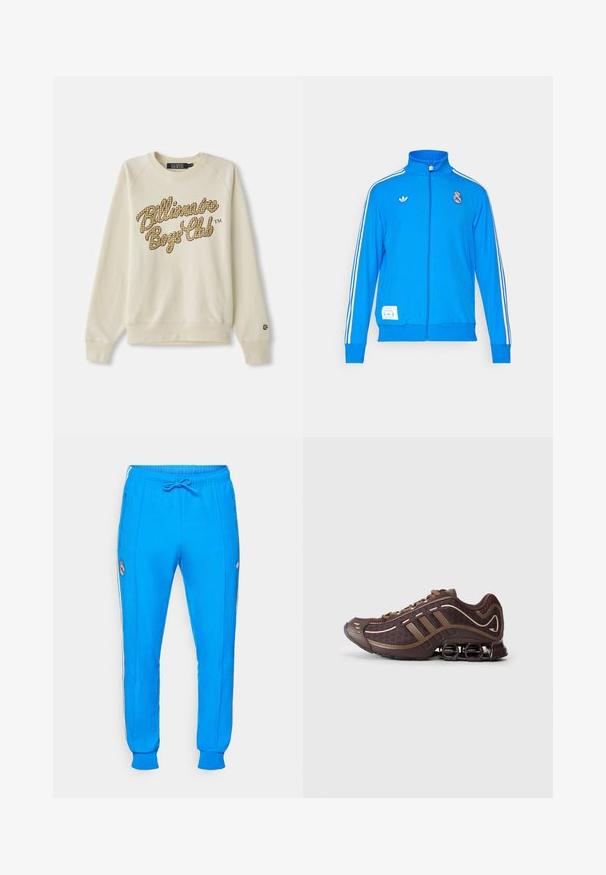 adidas Originals REAL MADRID ICON TRACK TOP - Klupska odjeća - bluebird/white; Krem majica s dugim rukavima, s okruglim izrezom, s žutim i smeškim kariranim natpisom "Billionaire Boys Club" na prsima.; adidas Originals REAL MADRID ICON TRACK PANT - Klupska odjeća - bluebird/white; Smešane smeđe atletske tenisice s mrežastim i sintetičkim gornjim dijelom, s tri pruge, detaljnim šavovima, udobnom potplatom i karakterističnom elastičnom petom.