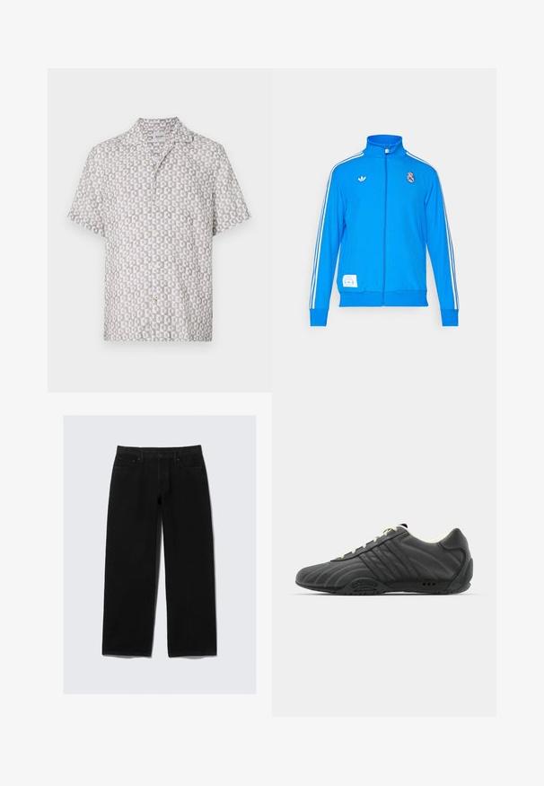 adidas Originals REAL MADRID ICON TRACK TOP - Klubbklær - bluebird/white; Kortermet skjorte laget av lett stoff, med et geometrisk mønster i lys grå og hvit, med krage og knappelukking foran.; Svarte vide jeans laget av denim. Har et klassisk fem-lommer design, knapp og glidelås lukkemekanisme, samt forsterkede sømmer.; adidas Originals ADIRACER UNISEX - Joggesko - core black/cream white