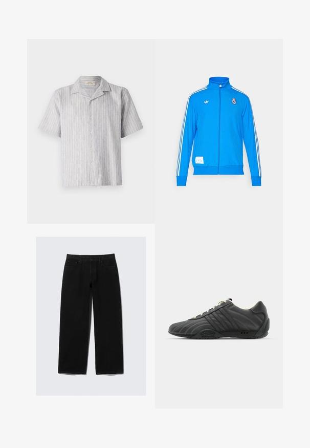 adidas Originals REAL MADRID ICON niebieski; Koszula krótki rękaw, zapinana na guziki, w jasnoniebieskie i białe paski z lnu. Posiada klasyczny kołnierzyk i prosty dół, z pięcioma guzikami z przodu.; Czarne, szerokie dżinsy wykonane z denimu. Charakteryzują się klasycznym pięciopunktowym designem, zapięciem na guzik i suwak oraz wzmocnionymi szwami.; adidas Originals ADIRACER UNISEX czarny