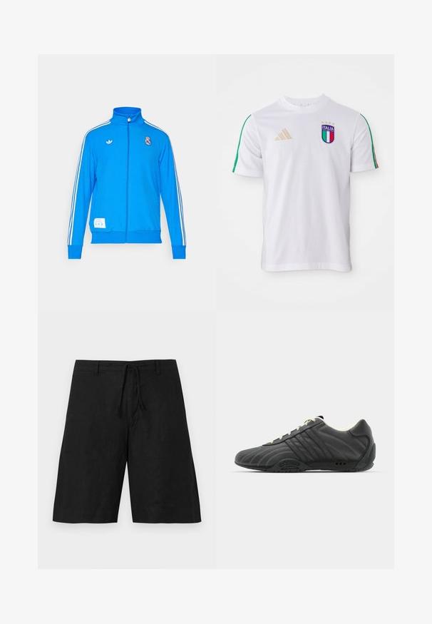 adidas Originals REAL MADRID ICON TRACK TOP - Equipación de clubes - bluebird/white; Camiseta de fútbol blanca con rayas verdes y rojas en los hombros, que presenta un escudo de Italia multicolor y el logo dorado de adidas. Mangas cortas, cuello redondo.; Pantalones cortos de lino negros con un ajuste relajado, cintura con cordón y sin patrones visibles. La tela parece ligera con un acabado ligeramente texturizado.; adidas Originals ADIRACER UNISEX - Zapatillas - core black/cream white