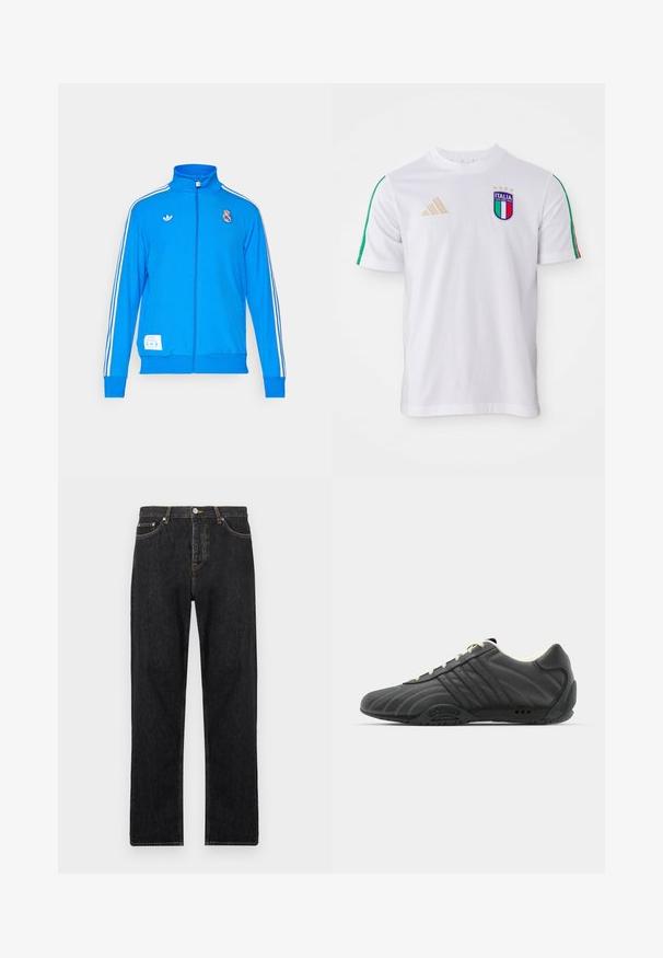 adidas Originals REAL MADRID ICON TRACK TOP - Klubbklær - bluebird/white; Hvit fotballtrøye med grønne og røde skulderstriper, med et flerfarget Italia-merke og gull adidas-logo. Korte ermer, rund hals.; Svart denimjeans med rett passform, med knappelukking, fem lommer og subtile sømdetaljer langs sømmene.; adidas Originals ADIRACER UNISEX - Joggesko - core black/cream white