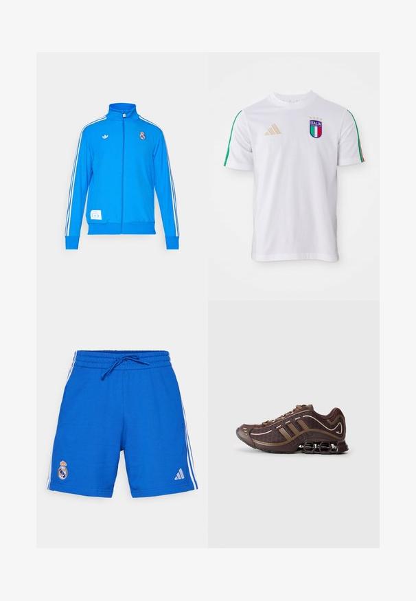 adidas Originals REAL MADRID ICON TRACK TOP - Klubbkläder - bluebird/white; Vit fotbollströja med gröna och röda axelränder, prydd med en färgglad Italia-sköld och guldadidas-logotyp. Kortärmad, med rund hals.; adidas Performance REAL MADRID DNAWAY SHORTS - Klubbkläder - collegiate royal; Brun atletisk sko med överdel i mesh och syntetmaterial, med tre ränder, detaljerad sömnad, vadderad sula och karakteristisk fjädrande häl.