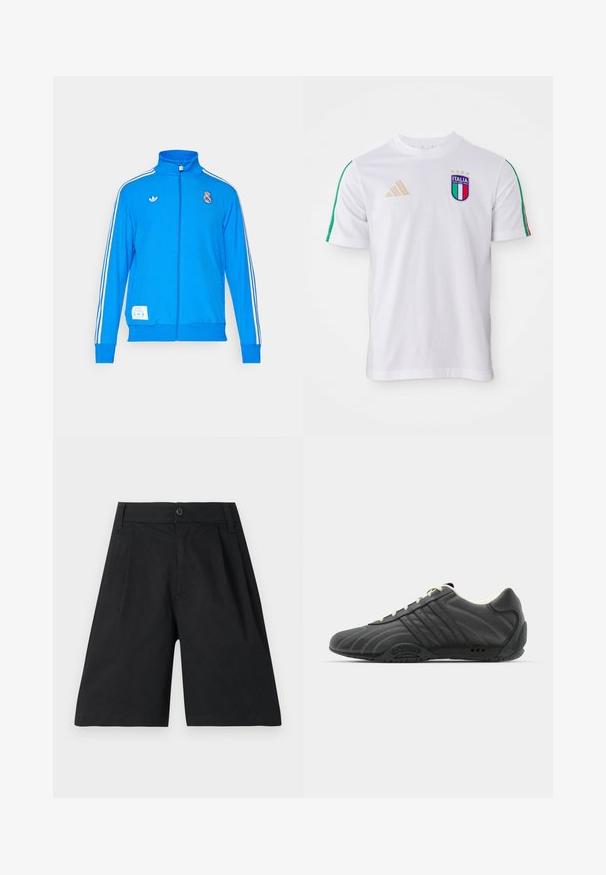 adidas Originals REAL MADRID ICON TRACK TOP - Article de supporter d'équipe de club - bluebird/white; Maillot de football blanc avec des rayures vertes et rouges sur les épaules, présentant un écusson Italia multicolore et un logo adidas doré. Manches courtes, col rond.; Shorts noirs en coton, avec une coupe droite, des plis, une fermeture à bouton et une texture lisse. Pas de motifs ni d'accents visibles.; adidas Originals ADIRACER UNISEX - Baskets basses - core black/cream white