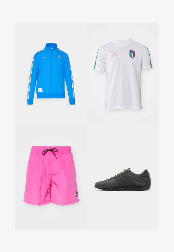 adidas Originals REAL MADRID ICON TRACK TOP - Echipament cluburi fotbal - bluebird/white; Tricou de fotbal alb cu dungi verzi și roșii pe umeri, având un emblema Italia multicolor și logo-ul auriu adidas. Mânici scurte, guler rotund.; Shorturi de înot roz, ușoare, cu talie elastică și șnur negru. Prezentă o etichetă mică pe piciorul stâng. Textură netedă.; adidas Originals ADIRACER UNISEX - Sneakers low - core black/cream white
