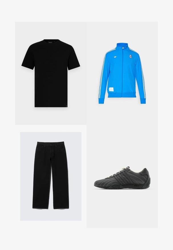 adidas Originals REAL MADRID ICON TRACK TOP - Kluba apģērbs - bluebird/white; Melna kokvilnas T-kreklu ar apaļu kakla izgriezumu un īsām piedurknēm. Satur mazu logotipa birku apakšmalā. Gluda tekstūra un standarta piegriezums.; Melni platajā kājā džinsi, izgatavoti no denima. Iezīmējoties ar klasisku piecu kabatu dizainu, pogu un rāvējslēdzēju, kā arī pastiprinātām šuvēm.; adidas Originals ADIRACER UNISEX - Sporta apavi - core black/cream white