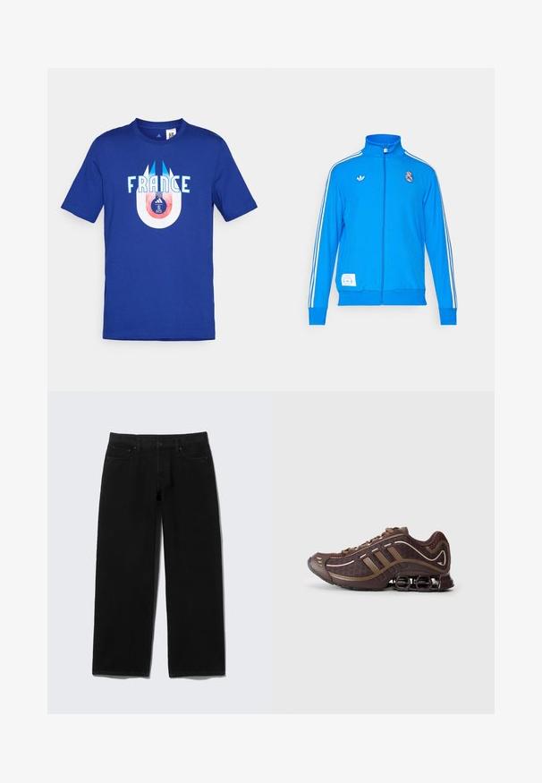 adidas Originals REAL MADRID ICON TRACK TOP - Klubiriided - bluebird/white; Sinine puuvillane T-särk, millel on valge sõna "PRANTSUSMAA" ja ringikujuline joonis all, kus on kujutatud jalgpalli ning punase ja sinise logoga.; Mustad laia säärega teksad, valmistatud denimist, viie taskuga, ees lukuga ja kontrastse õmblusega.; Pruun sportlik king, millel on võrkmaterjalist ja sünteetilisest materjalist pealis, millel on kolm triipu, detailne õmblus, pehme tald ja iseloomulik springi tüüpi konts.