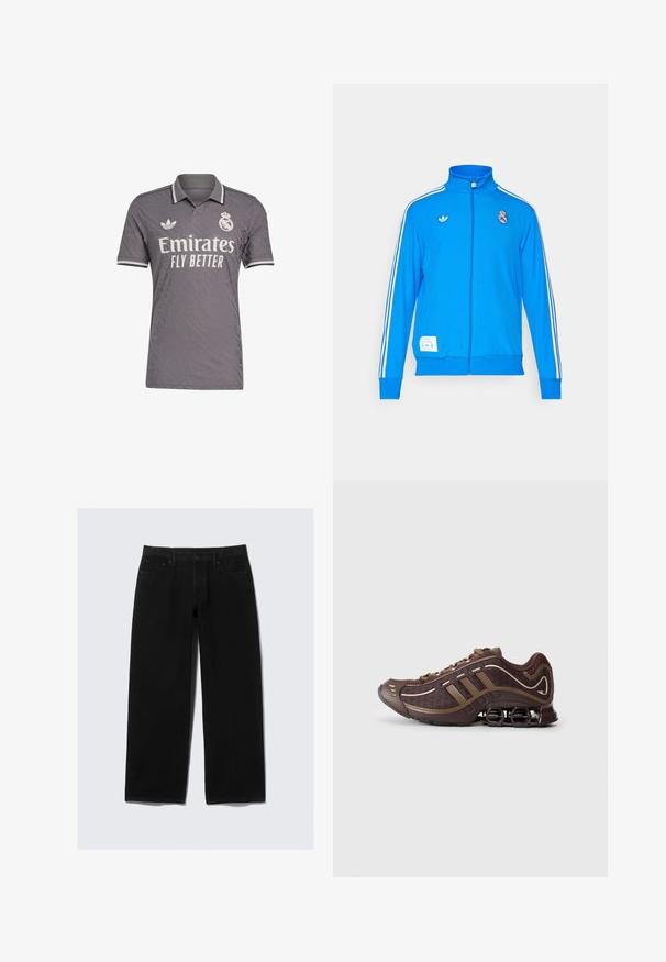 adidas Originals REAL MADRID ICON TRACK TOP - Vereinsmannschaften - bluebird/white; Graues Fußballtrikot mit strukturiertem Muster, ausgestattet mit einem Polokragen, weißen Akzenten und dem Logo "Emirates Fly Better". Adidas-Logo auf der Brust.; Schwarze weit geschnittene Jeans aus Denim. Verfügt über ein klassisches Fünf-Taschen-Design, einen Knopf- und Reißverschluss sowie verstärkte Nähte.; Brauner Sportschuh mit Mesh- und Synthetik-Obermaterial, mit drei Streifen, detaillierter Steppnaht, dämpfender Sohle und charakteristischem federndem Absatz.