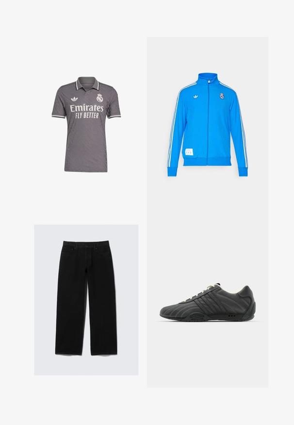 adidas Originals REAL MADRID ICON TRACK TOP - Joukkuetuote - bluebird/white; Harmaa jalkapallopaita, jossa on teksturoitu kuvio, polo-kaulus, valkoiset yksityiskohdat ja "Emirates Fly Better" -logo. Adidas-logo rinnassa.; Mustat leveälahkeet farkut, jotka on valmistettu denimistä. Ominaisuuksiin kuuluvat klassinen viisi-taskumalli, nappi- ja vetskari. sekä vahvistettu ompelu.; adidas Originals ADIRACER UNISEX - Matalavartiset tennarit - core black/cream white
