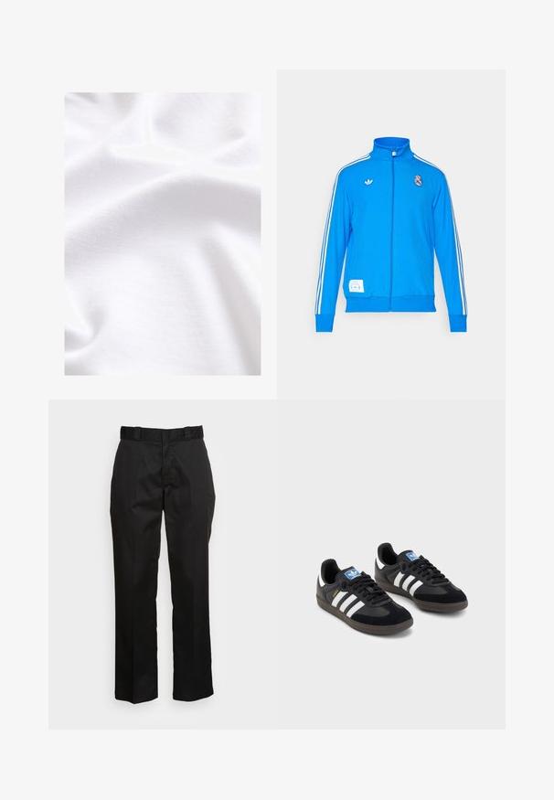 adidas Originals REAL MADRID ICON TRACK TOP - Klubové oblečenie - bluebird/white; Biela bavlnená látka s hladkým povrchom, s jemnými záhybmi a sklady, ktoré zdôrazňujú jej mäkkú a ľahkú povahu.; Čierne nohavice vyrobené z hladkej tkaniny, s rovnými nohavicami, pútka na opasok a dvoma bočnými vreckami. Klasický vzhľad bez ozdôb.; Čierne tenisky so zvrškom z semišu a syntetického materiálu, s tromi bielymi pruhmi, štruktúrovanou gumovou podrážkou a modrou logovou etiketou na jazyku.