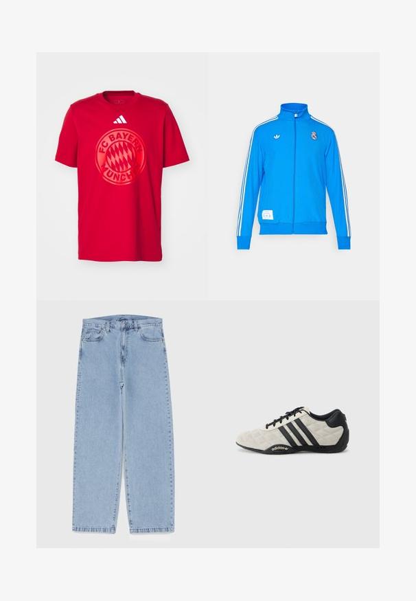 adidas Originals REAL MADRID ICON TRACK TOP - Echipament cluburi fotbal - bluebird/white; Tricou roșu din bumbac cu un logo mare circular al FC Bayern München în centru. Logo-ul Adidas cu cele trei dungi este situat în colțul din dreapta sus.; Jeans din denim de culoare albastru deschis, cu un design cu picioare drepte, având talie medie, cinci buzunare și un sistem de închidere cu nasture și fermoar.; Pantof sport Adidas cu un material superior texturat de culoare gri deschis și accente din piele neagră. Prezintă logo-ul cu trei dungi negre și o talpă amortizată.