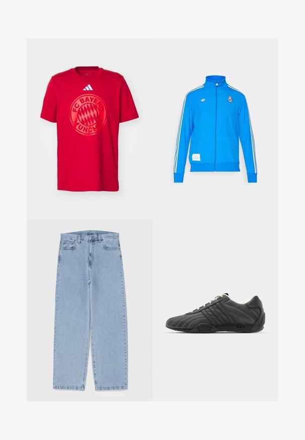 adidas Originals REAL MADRID ICON niebieski; Czerwona bawełniana koszulka z dużym okrągłym logo FC Bayern Monachium na środku. Logo Adidas w trzy paski na górze po prawej stronie.; Jasnoniebieskie dżinsy o prostym kroju nogawki, z średnim stanem, pięcioma kieszeniami oraz zapięciem na guzik i zamek błyskawiczny.; adidas Originals ADIRACER UNISEX czarny