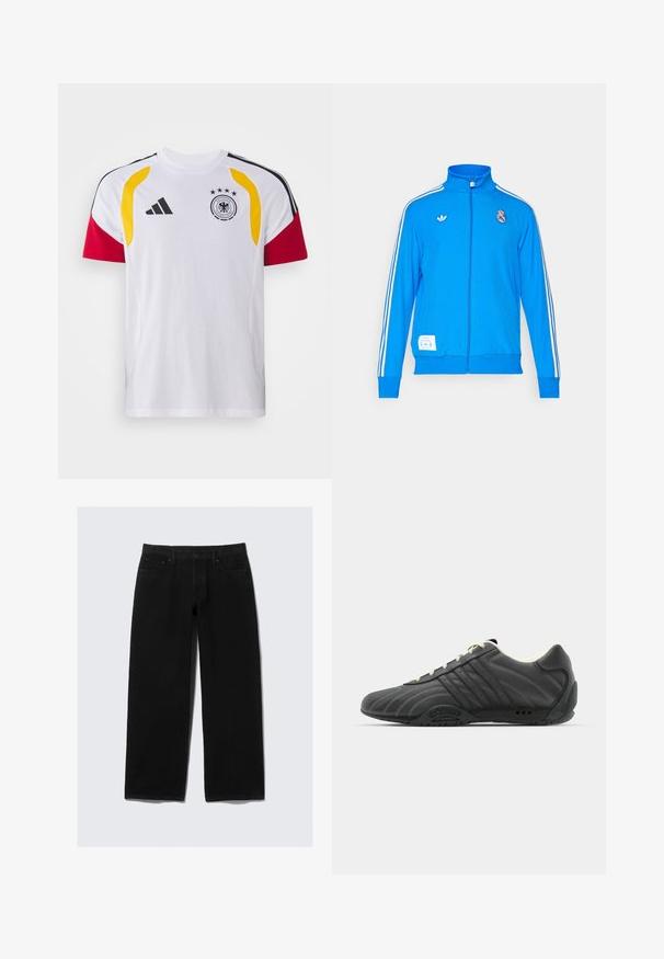 adidas Originals REAL MADRID ICON TRACK TOP - Klubiriided - bluebird/white; Valge sporditopp mustade, punaste ja kollaste detailidega, lühikeste varrukatega, ümar kaelus ja Saksamaa rahvuse jalgpallihüüd.; Mustad laiad mustad teksad, mis on valmistatud denimist. Omab klassikalist viit taskut, nööbi ja tõmbluku sulgemist ning tugevdatud õmblusi.; adidas Originals ADIRACER UNISEX - Tossud - core black/cream white