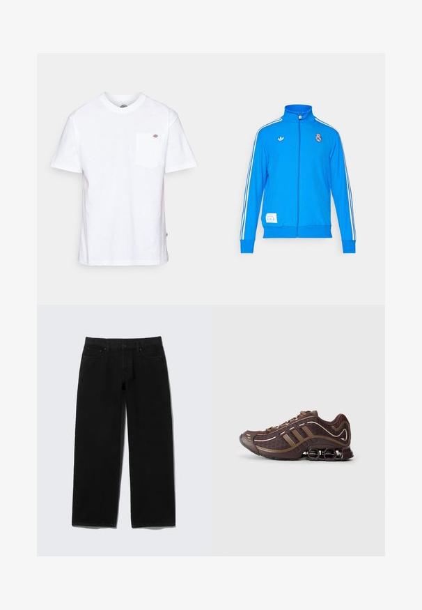 adidas Originals REAL MADRID ICON TRACK TOP - Klubové oblečenie - bluebird/white; Biely bavlnený tričko s okrúhlym výstrihom, krátkymi rukávmi a vreckom na hrudi s malým logom značky na ľavej strane.; Čierne džínsové nohavice širokého strihu vyrobené z denimu s piatimi vreckami, predným zapínaním na zips a kontrastnými švami.; Hnedá atletická obuv s vrchnou časťou z mäkkej sieťoviny a syntetických materiálov, so znakmi troch pruhov, detailným prešívaním, mäkkou podrážkou a charakteristickým pružným podpätkom.