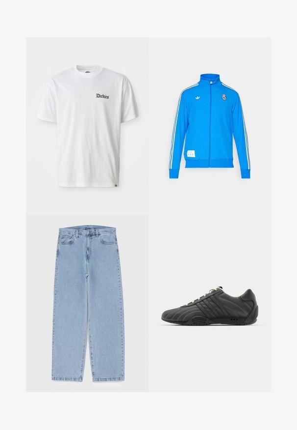 adidas Originals REAL MADRID ICON TRACK TOP - Klubové oblečenie - bluebird/white; Biela bavlnená tričko s krátkymi rukávmi a okrúhlym výstrihom. Na ľavej strane hrudníka je čierny vytlačený logo "Dickies".; Svetlomodré denimové džínsy s rovnými nohavicami, s polovysokým pásom, piatimi vreckami a zapínaním na gombík a zips.; adidas Originals ADIRACER UNISEX - Tenisky - core black/cream white