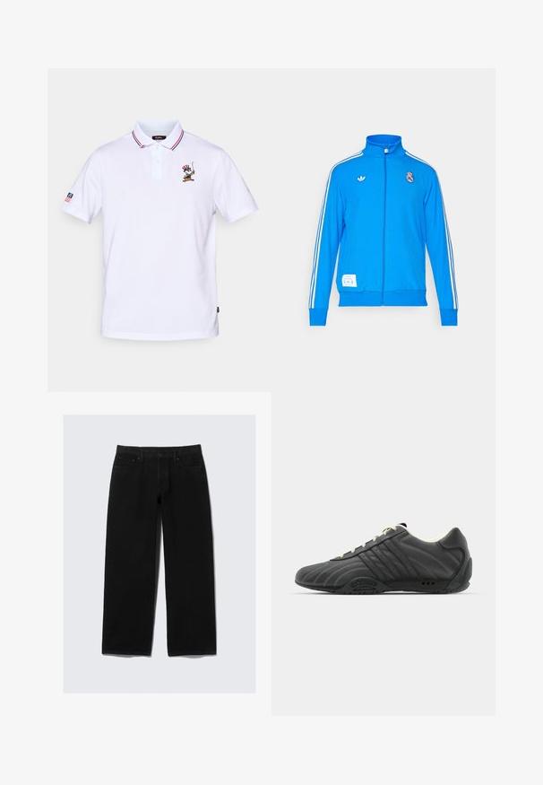 adidas Originals REAL MADRID ICON TRACK TOP - Klubiriided - bluebird/white; Valge polo särk punase ja sinise triibulise krae, kolme nupuga kaelus ja tikitud karakterikujundusega rinnaosas.; Mustad laiad mustad teksad, mis on valmistatud denimist. Omab klassikalist viit taskut, nööbi ja tõmbluku sulgemist ning tugevdatud õmblusi.; adidas Originals ADIRACER UNISEX - Tossud - core black/cream white