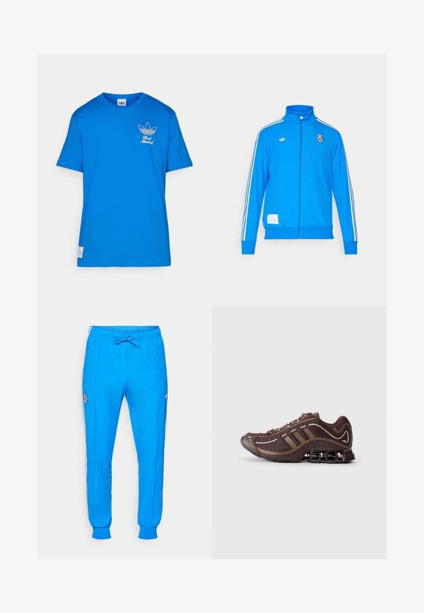 adidas Originals REAL MADRID ICON TRACK TOP - Sporto klubų atributika - bluebird/white; Mėlynas trumpomis rankovėmis medvilnės marškinėliai su balta Adidas logotipo grafika ir užrašu "Real Madrid" kairėje krūtinės pusėje.; adidas Originals REAL MADRID ICON TRACK PANT - Sporto klubų atributika - bluebird/white; Ruda sportinė batų pora su tinklelio ir sintetinėmis medžiagomis, pasižyminti trimis juostelėmis, detaliu siuvimu, paminkštinta sola ir būdingu pavasarinio tipo kulnu.