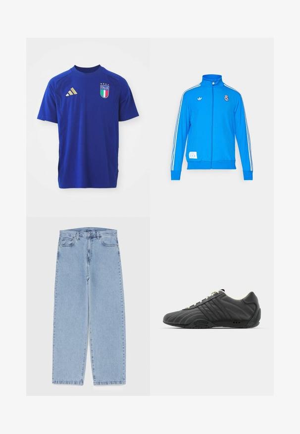 adidas Originals REAL MADRID ICON TRACK TOP - Klubové oblečení - bluebird/white; Modrá krátkotrávná sportovní košile vyrobená z měkké tkaniny. Na pravém rameni je zlaté logo Adidas a na hrudi se nachází emblém Itálie.; Světle modré džíny s rovnými nohavicemi, středním pasem, pěti kapsami a zapínáním na knoflík a zip.; adidas Originals ADIRACER UNISEX - Tenisky - core black/cream white