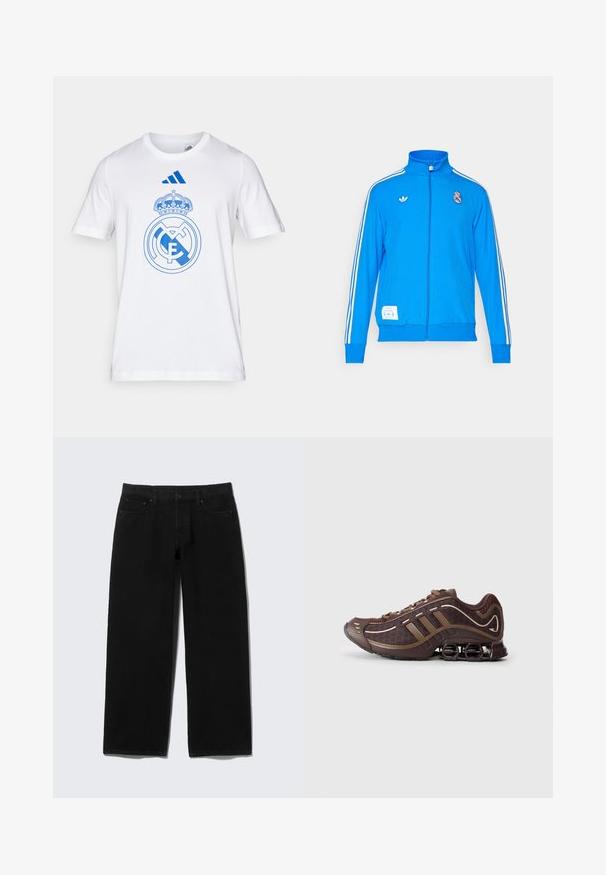 adidas Originals REAL MADRID ICON TRACK TOP - Club wear - bluebird/white; White cotton t-shirt featuring a blue Real Madrid logo and crown design. Includes blue Adidas branding on the upper chest. Short sleeves.; Black wide-leg jeans made of denim with five pockets, a front fly closure, and contrasting stitching details.; Brown athletic shoe with mesh and synthetic upper, featuring three stripes, detailed stitching, cushioned sole, and characteristic springy heel.