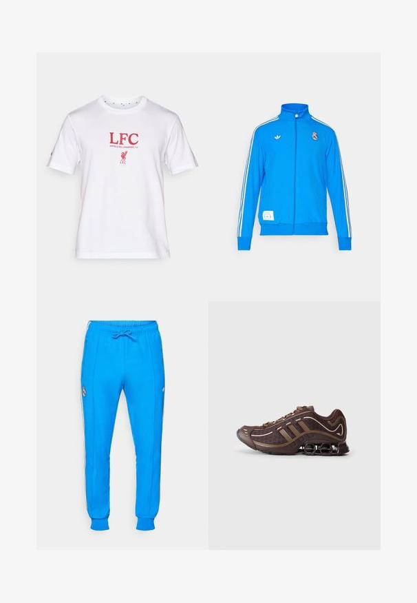 adidas Originals REAL MADRID ICON TRACK TOP - Club wear - bluebird/white; White cotton t-shirt featuring red "LFC" text and "ANFIELD RD, LIVERPOOL, L4" beneath, with a logo of a bird. Short sleeves and crew neck.; adidas Originals REAL MADRID ICON TRACK PANT - Club wear - bluebird/white; Brown athletic shoe with mesh and synthetic upper, featuring three stripes, detailed stitching, cushioned sole, and characteristic springy heel.