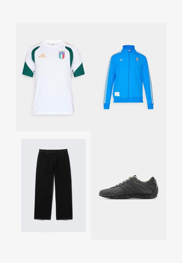 adidas Originals REAL MADRID ICON TRACK TOP - Joukkuetuote - bluebird/white; Valkoinen lyhythihainen urheilupaita vihreillä yksityiskohdilla, jossa sininen ja punainen logo, jossa lukee "ITALIA" ja neljä kultaista tähteä, sekä kultaiset olkapääraidat.; Mustat leveälahkeet farkut, jotka on valmistettu denimistä. Ominaisuuksiin kuuluvat klassinen viisi-taskumalli, nappi- ja vetskari. sekä vahvistettu ompelu.; adidas Originals ADIRACER UNISEX - Matalavartiset tennarit - core black/cream white