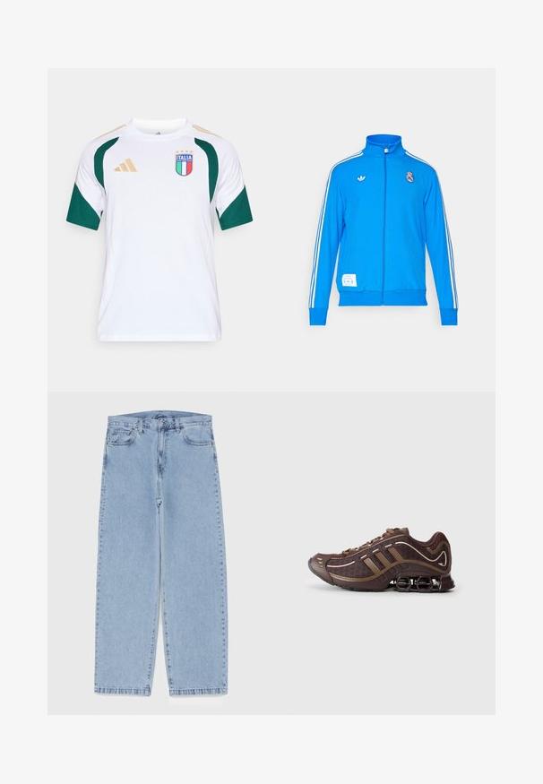 adidas Originals REAL MADRID ICON TRACK TOP - Echipament cluburi fotbal - bluebird/white; Tricou sport alb cu mâneci scurte și accente verzi, cu un logo albastru și roșu cu inscripția „ITALIA” și patru stele aurii, precum și dungi aurii pe umeri.; Jeans din denim de culoare albastru deschis, cu un design cu picioare drepte, având talie medie, cinci buzunare și un sistem de închidere cu nasture și fermoar.; Pantof sportiv maro cu partea superioară din plasă și material sintetic, prezentând trei dungi, cusături detaliate, talpă cu amortizare și un toc caracteristic elastic.