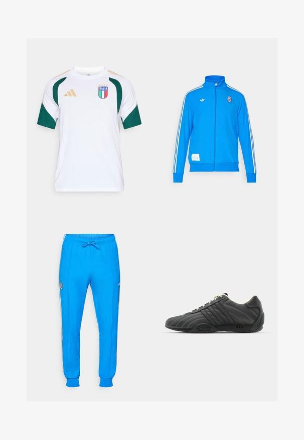 adidas Originals REAL MADRID ICON TRACK TOP - Klubové oblečenie - bluebird/white; Biela športová košeľa s krátkym rukávom so zelenými detailmi, s modro-červeným logom "ITALIA" a štyrmi zlatými hviezdami, a zlatými pruhmi na ramenách.; adidas Originals REAL MADRID ICON TRACK PANT - Klubové oblečenie - bluebird/white; adidas Originals ADIRACER UNISEX - Tenisky - core black/cream white