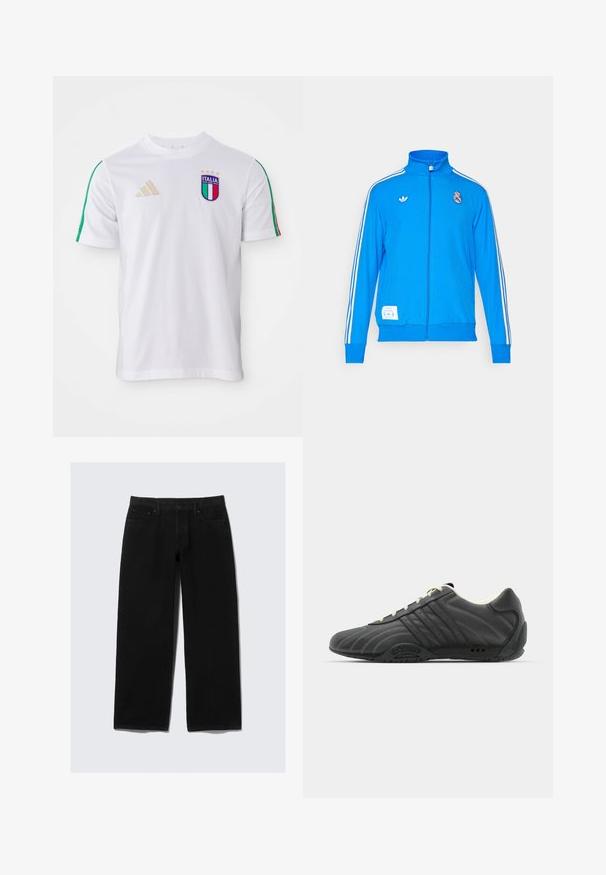 adidas Originals REAL MADRID ICON TRACK TOP - Klubiriided - bluebird/white; Valge jalgpallisärk roheliste ja punaste õlavarstorebude ning mitmevärvilise Itaalia vapi ja kuldse adidas'i logoga. Lühikesed varrukad, ümmargune kaelus.; Mustad laiad mustad teksad, mis on valmistatud denimist. Omab klassikalist viit taskut, nööbi ja tõmbluku sulgemist ning tugevdatud õmblusi.; adidas Originals ADIRACER UNISEX - Tossud - core black/cream white