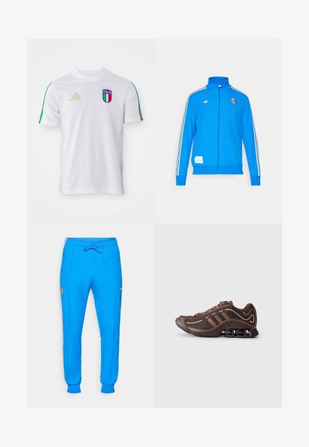 adidas Originals REAL MADRID ICON TRACK TOP - Klupska odjeća - bluebird/white; Bijela nogometna majica s zelenim i crvenim trakama na ramenima, s višebojnim grbom Italije i zlatnim adidas logom. Kratki rukavi, ovratnik crew neck.; adidas Originals REAL MADRID ICON TRACK PANT - Klupska odjeća - bluebird/white; Smešane smeđe atletske tenisice s mrežastim i sintetičkim gornjim dijelom, s tri pruge, detaljnim šavovima, udobnom potplatom i karakterističnom elastičnom petom.